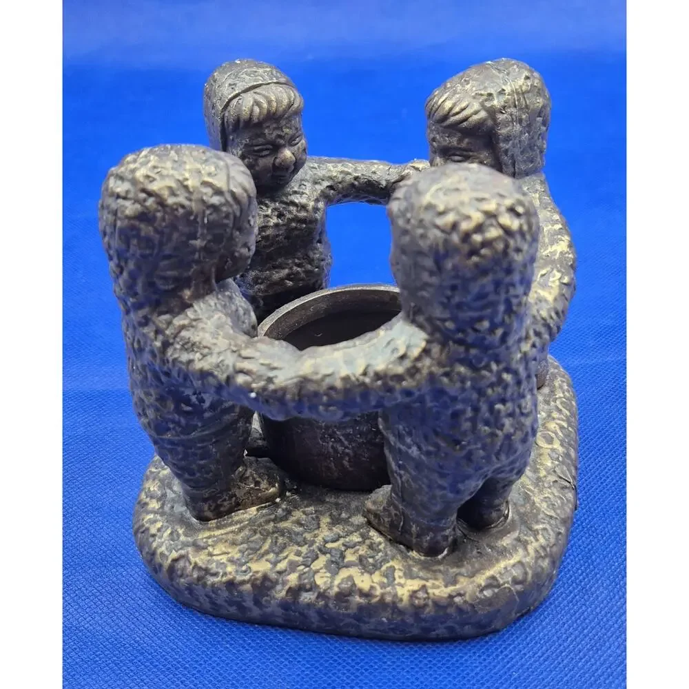 Vintage Brutalist Eskimo Circle of Friends Ceramic Pillar Candle Holder 5x5